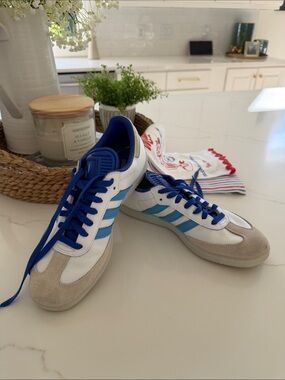 adidas White Sneakers with Light Blue Stripes and Royal Blue Laces